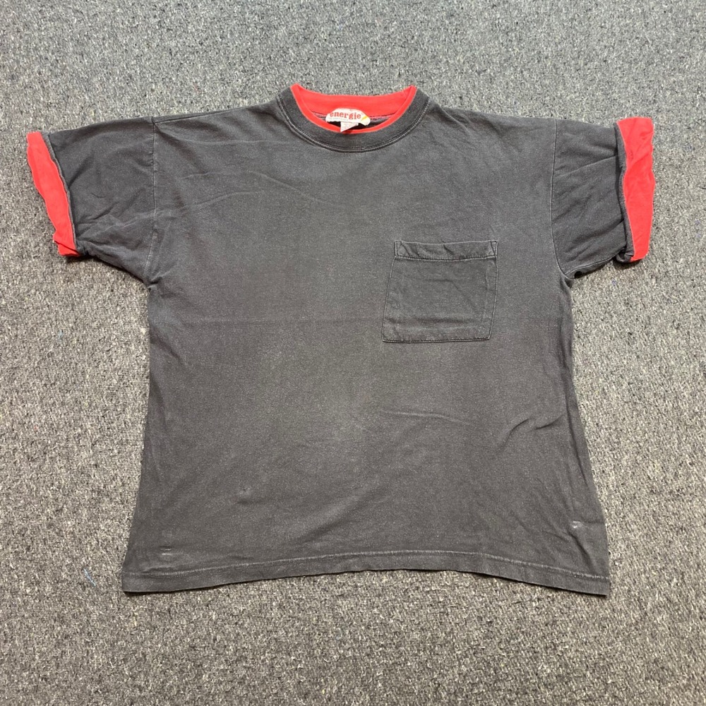 Energie Pocket TShirt Sz S Mens Black Red Grunge Skater 90s Boxy Ringer Tee